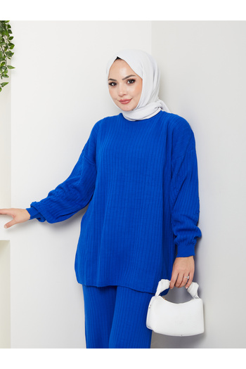 MY QILAM Women's Hijab Top and Bottom Set Ribbed Stand Collar Patterned Balloon Sleeve Saks