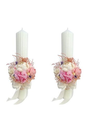 OEM Set of 2 wedding candles decorated with ming flowers, preserved hydrangeas and dried flowers, H35/D6