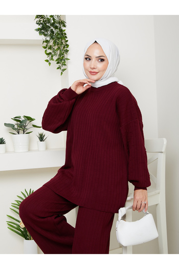 MY QILAM Women's Hijab Top and Bottom Knitwear Set Ribbed Stand Collar Patterned Balloon Sleeve Burgundy