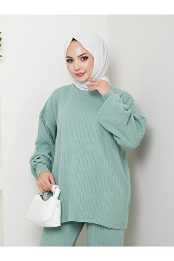MY QILAM Women's Hijab Top and Bottom Set Ribbed Stand Collar Patterned Balloon Sleeve Mint Green