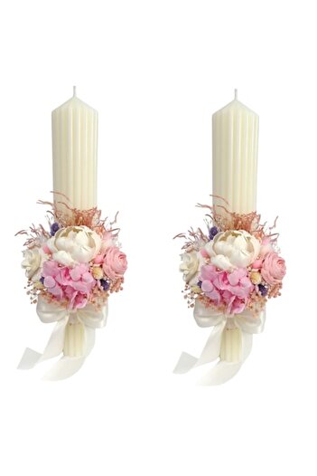 OEM Set 2 wedding candles decorated with ming flowers, preserved hydrangeas, and dried preserved flowers