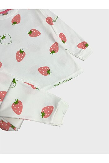 ALİŞ KİDS Girl's 100% Cotton White Strawberry Patterned Long Sleeve Pajama Set