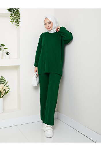 MY QILAM Women's Hijab Bottom Top Knitwear Set Ribbed Stand Collar Patterned Balloon Sleeve Green