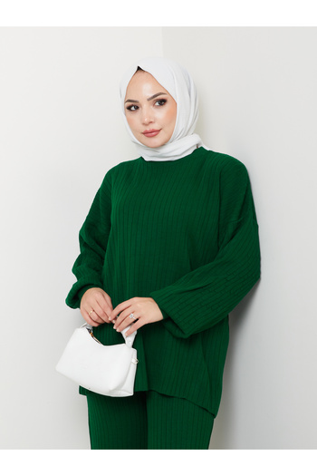 MY QILAM Women's Hijab Bottom Top Knitwear Set Ribbed Stand Collar Patterned Balloon Sleeve Green