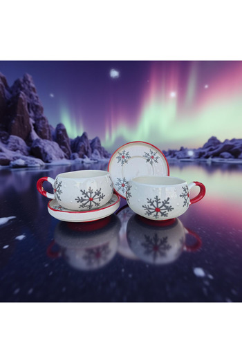Çiporcal Beren Gray Snowflake Mug Set with 2 Plates and Hand Decoration