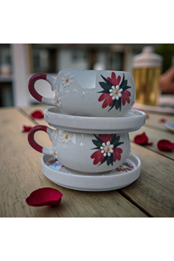 Çiporcal Beren Red Crocus Flower Mug Set with 2 Plates and Hand Decoration