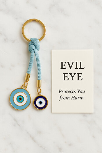 simagift Evil Eye Bead Keychain – Light Blue String Double Charm |   Car, Bag & Gift Accessory