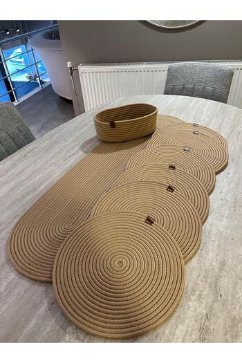 Türkmen Ev Tekstil Jute, Wicker Color American Service, 6Supla 1 Runner, 1 Bread Basket, Plate Mat, Supla Set