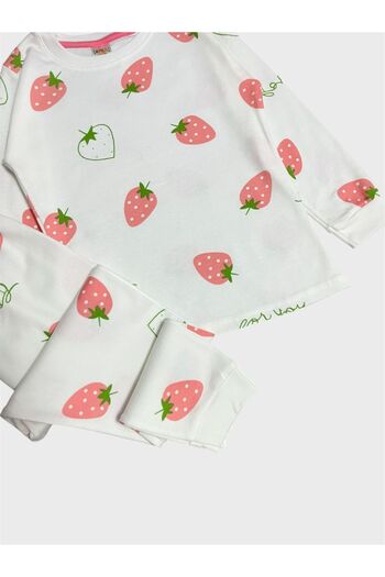 ALİŞ KİDS Girl's 100% Cotton White Strawberry Patterned Long Sleeve Pajama Set