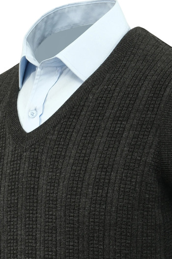 Çizgi Triko Men's V-Neck Sweater Patterned Steel Knitting Classic Pattern - 5209H
