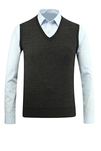 Çizgi Triko Men's V-Neck Sweater Patterned Steel Knit Regular Fit - 5201H