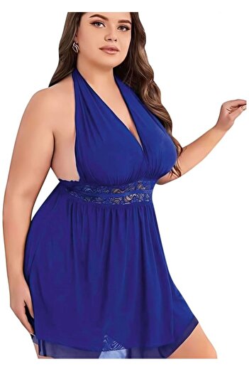 ELEANA Plus Size Blue Lace Embroidered Halter Fancy Tulle Nightgown