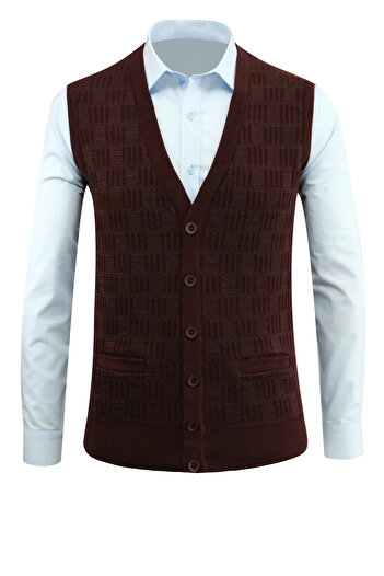 Çizgi Triko Men's Buttoned Vest with Pockets, Crinkled Steel Knit, Classic Fit - 5215L