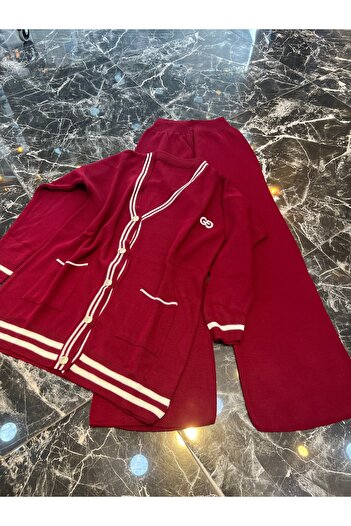 MY QILAM Women's Hijab Top and Bottom Set Striped V-Neck Gold Button Detailed Cardigan Pants Knitwear Set Burgundy