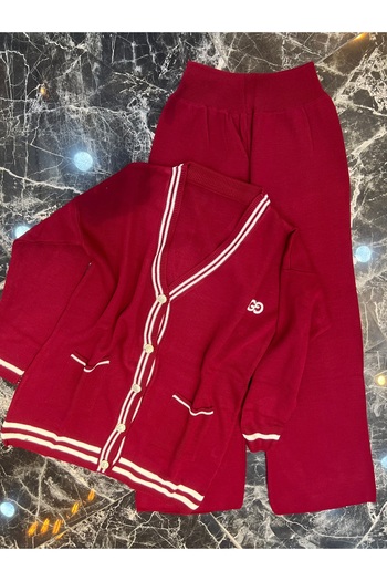MY QILAM Women's Hijab Top and Bottom Set Striped V-Neck Gold Button Detailed Cardigan Pants Knitwear Set Burgundy