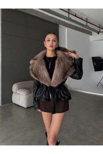 auzou eveil Women's Fur Collar Leather Jacket