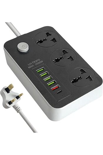 Generic أسلاك تمديد شرائط الطاقة SKY-TOUCH بثلاثة منافذ، مقبس طاقة عالمي مزود بـ 5 منافذ USB ومنفذ واحد من النوع C