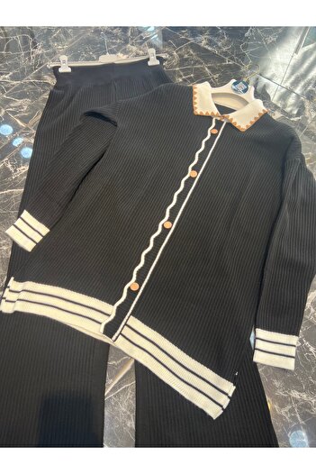 MY QILAM Women's Hijab Top and Bottom Set Shirt Collar Striped Button Detailed Knitwear Set Black