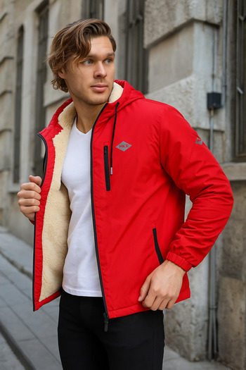 comstar Men's Tight-Fitting Red Plush Fur Windbreaker & Raincoat