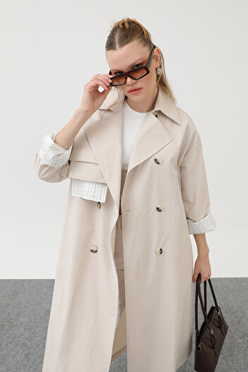 Modamorfo Women's Garni Striped Detailed Trench - 32141Trc
