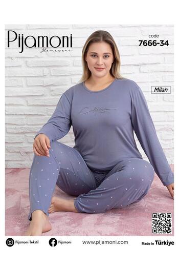 Pijamoni Women's Milan Plus Size Crew Neck Long Sleeve Slim Pajama Set 7666/34 - 1 Piece