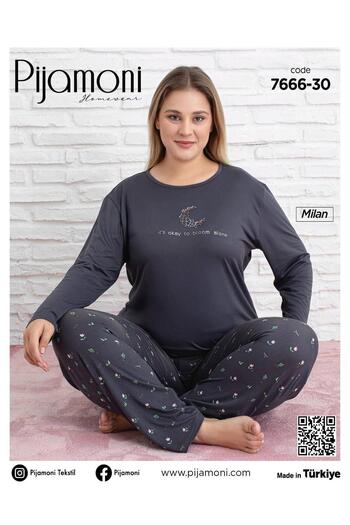 Pijamoni Women's Milan Plus Size Crew Neck Long Sleeve Thin Pajama Set 7666/30 - 1 Piece