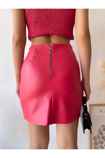 By Mop Single Slit Back Zipper Leather Skirt Fuchsia S24475