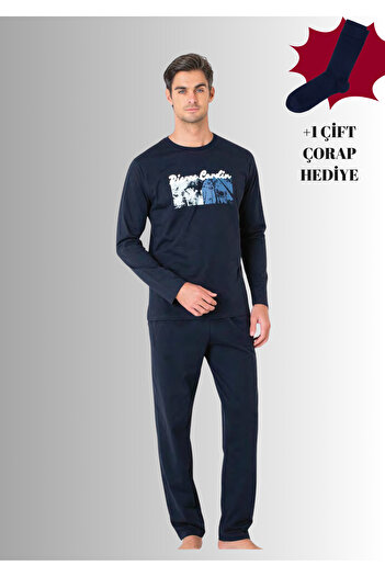 Pierre Cardin 100% Cotton Crew Neck Long Sleeve Straight Leg Pajama Set (with Socks as a Gift)