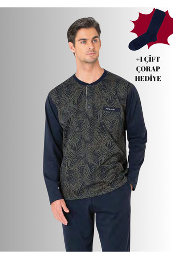 Pierre Cardin 100% Cotton Half-Patch Long Sleeve Straight Leg Jacquard Pajama Set (with Socks as a Gift)