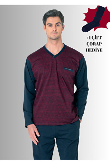Pierre Cardin %100 Pamuklu V Yaka Uzun Kol Düz Paça Jakarlı Pijama Takımı (Çorap Hediyeli)