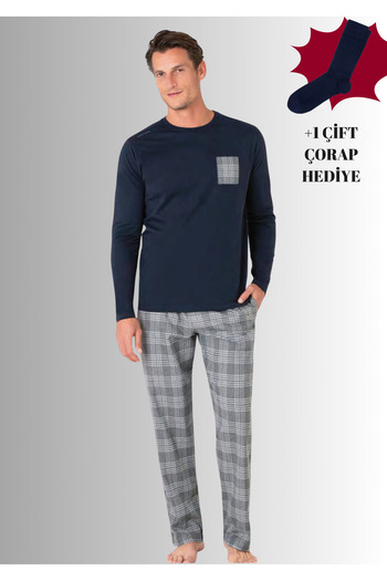 Pierre Cardin 100% Cotton Crew Neck Long Sleeve Straight Leg Pajama Set (with Socks as a Gift)