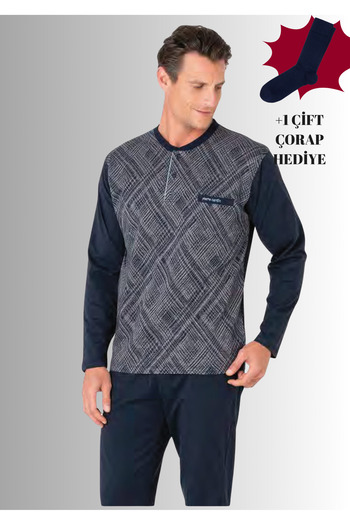 Pierre Cardin 100% Cotton Half-Patch Long Sleeve Straight Leg Jacquard Pajama Set (with Socks as a Gift)