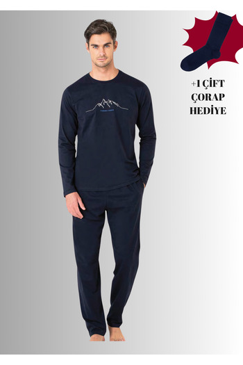 Pierre Cardin 100% Cotton Crew Neck Long Sleeve Straight Leg Pajama Set (with Socks as a Gift)