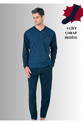 Pierre Cardin 100% Cotton V-Neck Long Sleeve Straight Leg Jacquard Pajama Set (with Socks as a Gift)