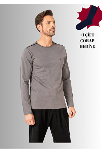Pierre Cardin 100% Cotton Crew Neck Long Sleeve Straight Leg Pajama Set (with Socks as a Gift)