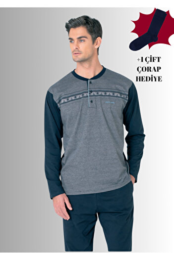 Pierre Cardin 100% Cotton Half-Patch Long Sleeve Straight Leg Jacquard Pajama Set (with Socks as a Gift)