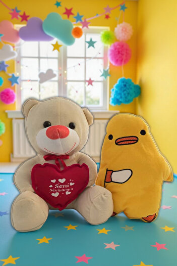 ÇEŞİT SEPETİM 35cm I Love You Written Heart Plush Teddy Bear and Plush Killer Chick 2-Piece Plush Set Gift for Lover