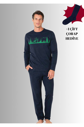 Pierre Cardin 100% Cotton Crew Neck Long Sleeve Straight Leg Pajama Set (with Socks as a Gift)