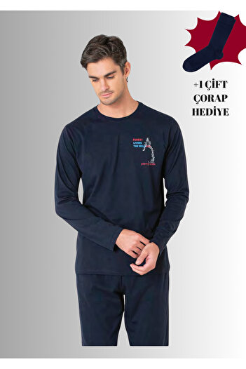 Pierre Cardin 100% Cotton Crew Neck Long Sleeve Straight Leg Pajama Set (with Socks as a Gift)