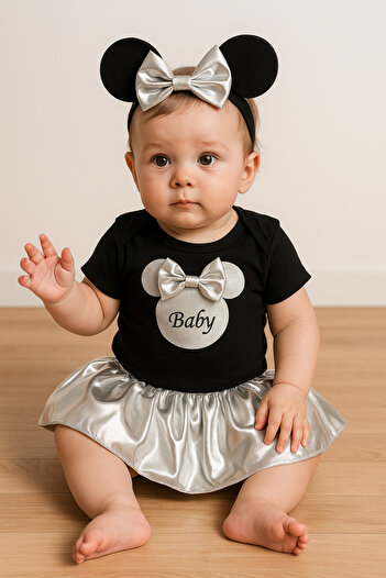 agugu Black Baby Printed 3-Piece Baby Girl Set with Silver Pleated Skirt
