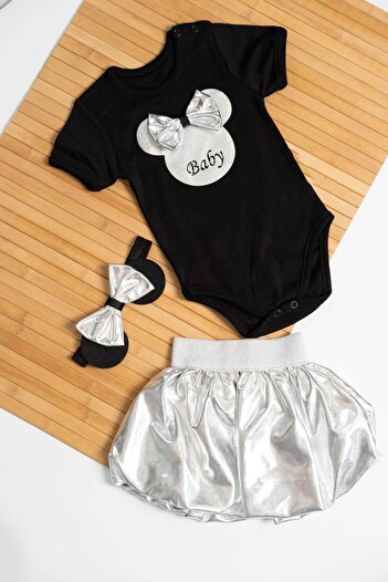 agugu Black Baby Printed 3-Piece Baby Girl Set with Silver Pleated Skirt