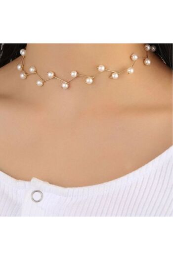SYGGY Colier Zig Zag, tip choker, auriu cu perle false