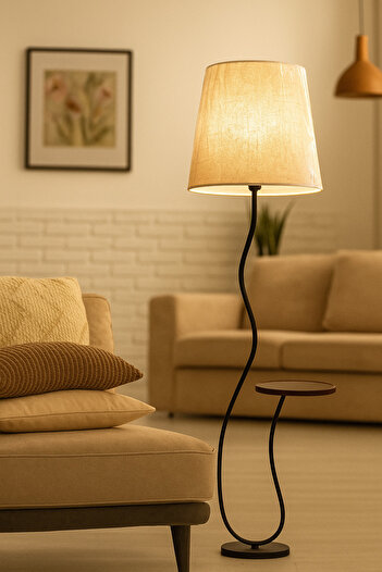 Living Wave-Stand Floor Lamp with Wooden Shelf and White Fabric Shade , 165 cm