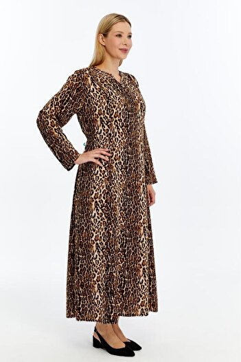 LİKAPA Long Sleeve Viscose Leopard Print Plus Size Cup Mother Dress