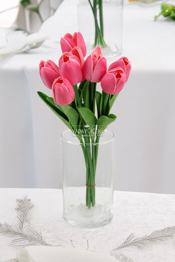 Yapay Çiçek Deposu Artificial 8-Piece Wet Tulip Bouquet Real Texture Vibrant Pink