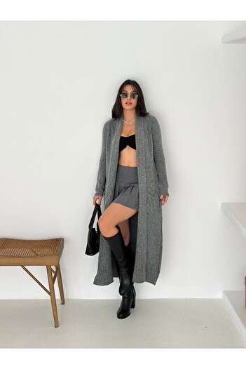02Lady Fashion Shawl Collar Double Pocket Long Knit Fabric Cardigan