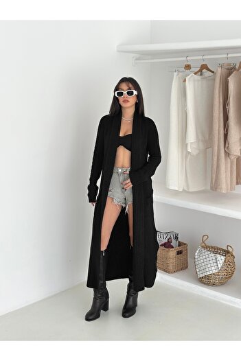 sportiness Double Pocket Shawl Collar Long Knitwear Fabric Cardigan