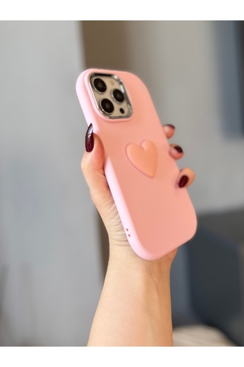 MİRAZ TASARIM iPhone 15 Pro 3D Heart Decorated Powder Pink Soft Case
