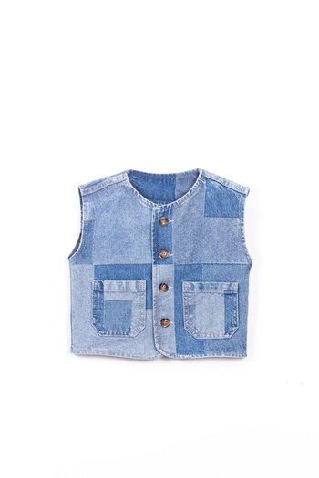 Magu Unisex Children's Cotton Blue Patchwork Denim Vest - Buttoned Model with Pockets