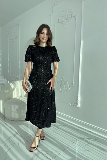 HELİS BUTİK Sparkly Padded Sequin Black Dress